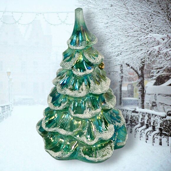 Fenton Style Iridescent Glass Christmas Tree w/ Gold Bird & Snow Flocking 6.5" - Picture 4 of 8